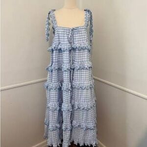 Innika Choo Blue Check Big Frill Maxi Dress Size 2